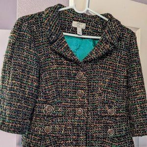Ann Taylor Loft 3 Button Cropped Tweed Blazer Green Multi, Size 6P